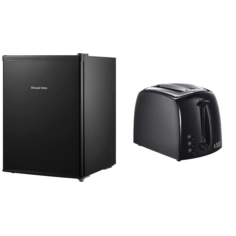 Russell Hobbs RHTTF67B 66 Litre Reversible Doors Table Top Mini Fridge, Black & 21641 Textures 2-Slice Toaster, 700-850 W, Black