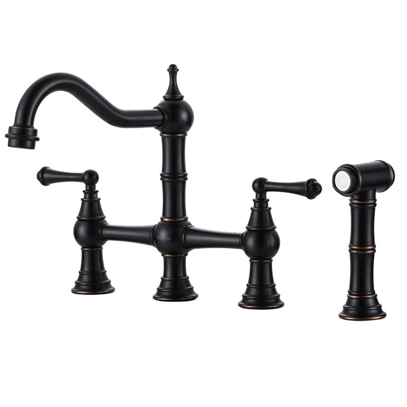 WOWOW Brass Bridge Kitchen Faucet 4 Hole with Sprayer, Oil Rubbed Bronze