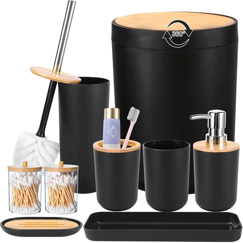 iMucci Bathroom Accessories Set with Trash Can,Toothbrush Holder, Lotion Soap Dispenser, Soap Dish,Tumbler Cup(9Pcs Black Bamboo Cover)