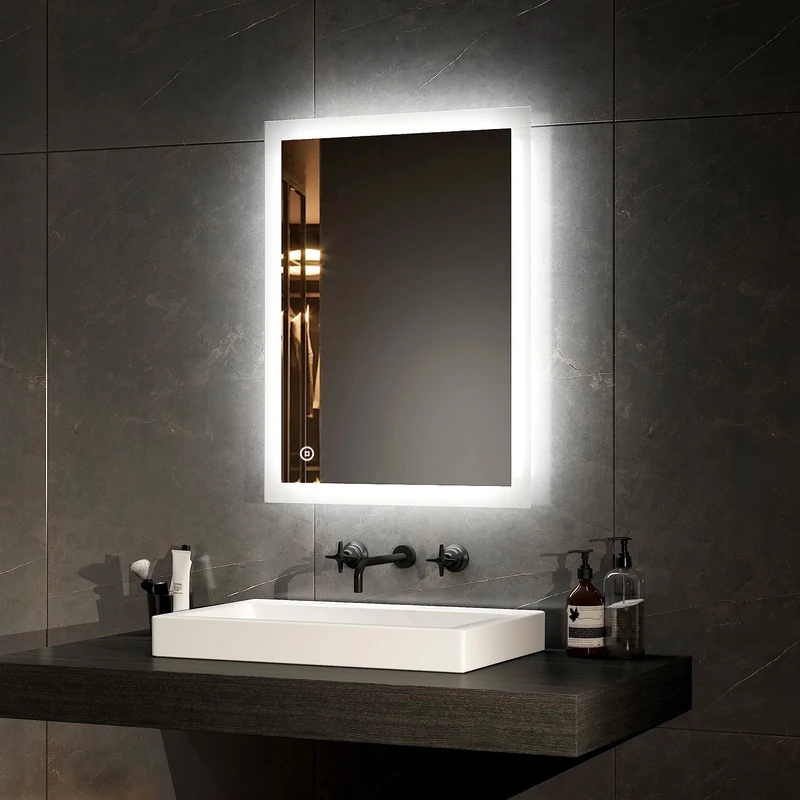 EMKE Bathroom Mirror with LED Lights - 450x600mm Backlit LED Illuminated Vertical Bathroom Mirror with Demister Heat Pad, Makeup Vanity Touch Mirror with LED Lights