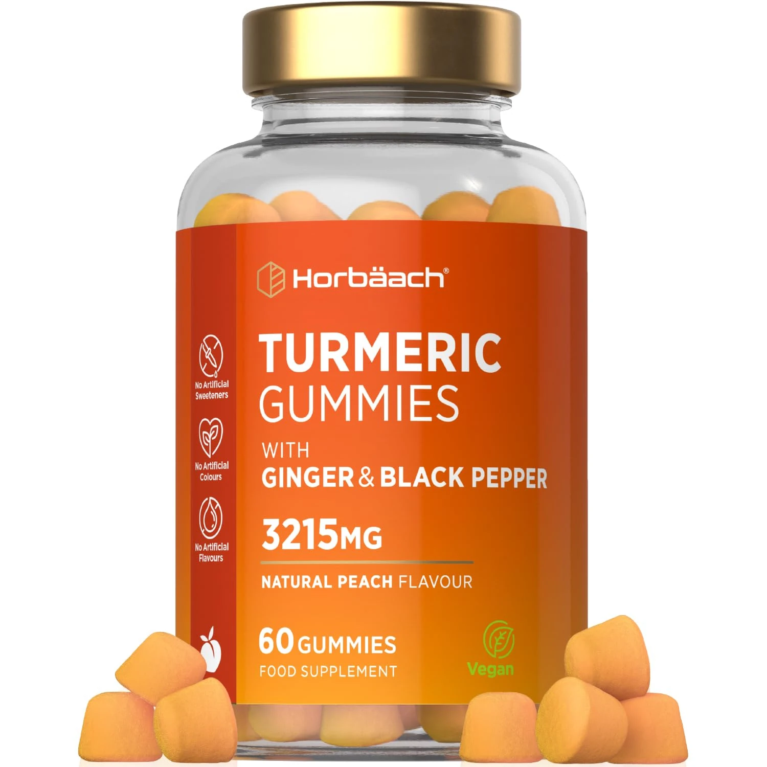 Turmeric Gummies with Black Pepper & Ginger 3215mg | High Strength Turmeric Curcumin Supplement | 60 Vegan Gummies | Natural Peach Flavour - Tablet Alternative | by Horbaach
