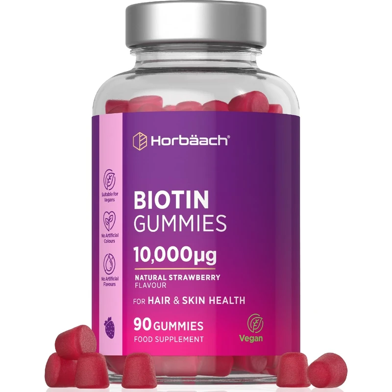 Biotin Hair Growth Gummies 10,000mcg | 90 Count | High Strength Biotin (Vitamin B7) for Hair and Skin Health | Natural Strawberry Flavour | Vegan Supplement | by Horbaach