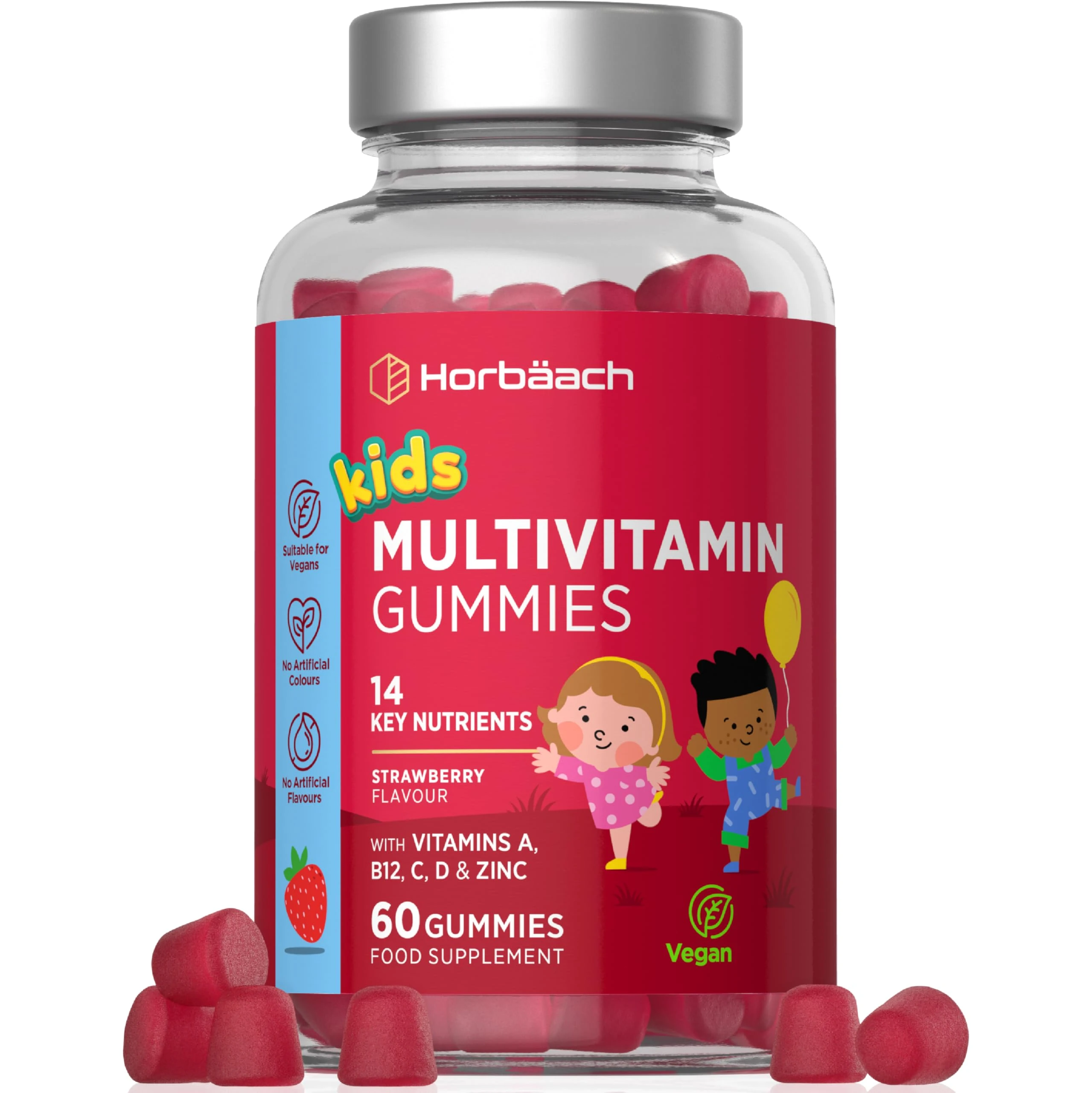 Kids Multivitamin Gummies | 60 Count (2 Months Supply) | 14 Essential A-Z Nutrients | with Vitamin A, B12, C, D & Zinc | Strawberry Flavour | Vegan Gummy Supplement for Ages 4+| by Horbaach