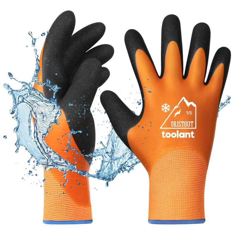 OriStout Waterproof Winter Gloves, Thermal Work Gloves for Cold Weather, Touchscreen, Super Grip, for Gardening, Fishing, Car Washing, Working in Freezer, Orange, Small