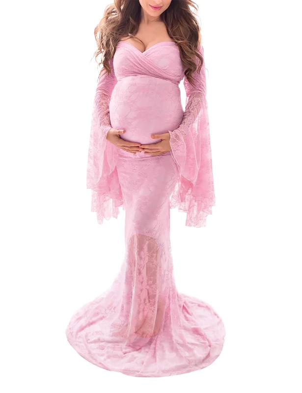 Saslax Off Shoulder Lace Maternity Dress for Photography Maxi Maternity Props Dresses for Photo Shoot Baby Shower, Pink, M