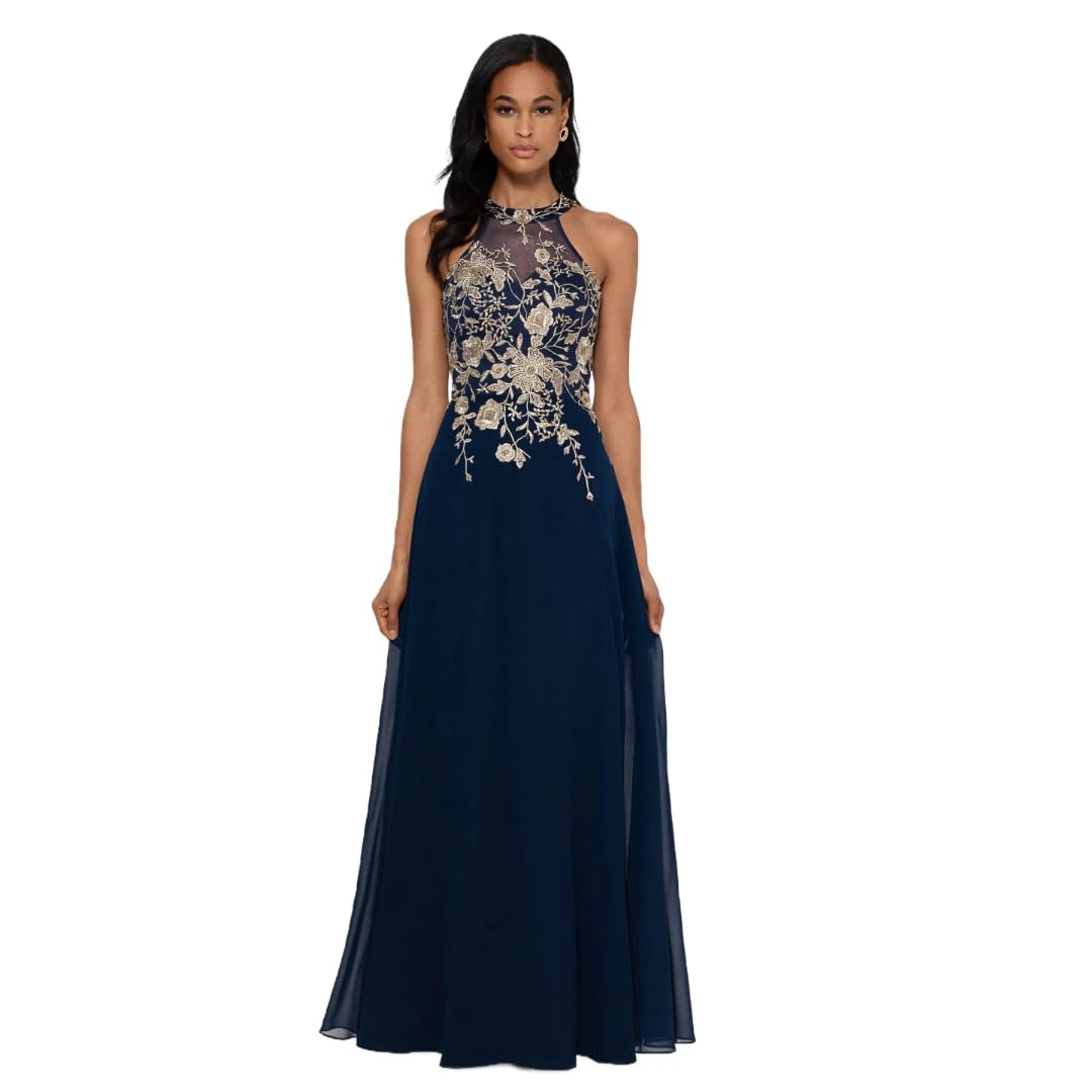 Betsy & Adam Womens Navy Sheer Floral Sleeveless Illusion Neckline Full-Length Empire Waist Evening Dress UK Size: 14