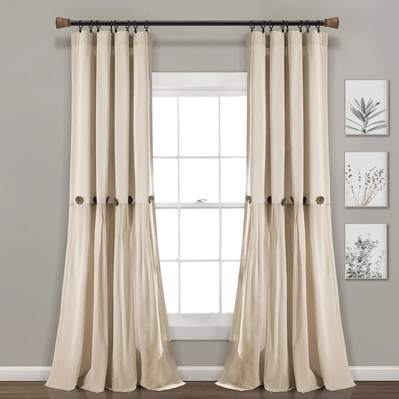 Lush Decor Linen Button Window Curtain Panel, Single, 40" W x 108" L, Dark Linen - Country Curtains - Rustic Decor - Color Block Modern Farmhouse Curtains For Living Room, Bedroom & Dining Room