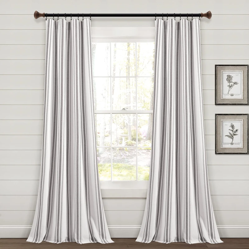 Lush Decor Farmhouse Stripe Yarn Dyed Cotton Window Curtain Panel Pair, 42" W x 84" L, Gray - Classic Modern Rustic Charm - Eco Friendly Cotton Fabric