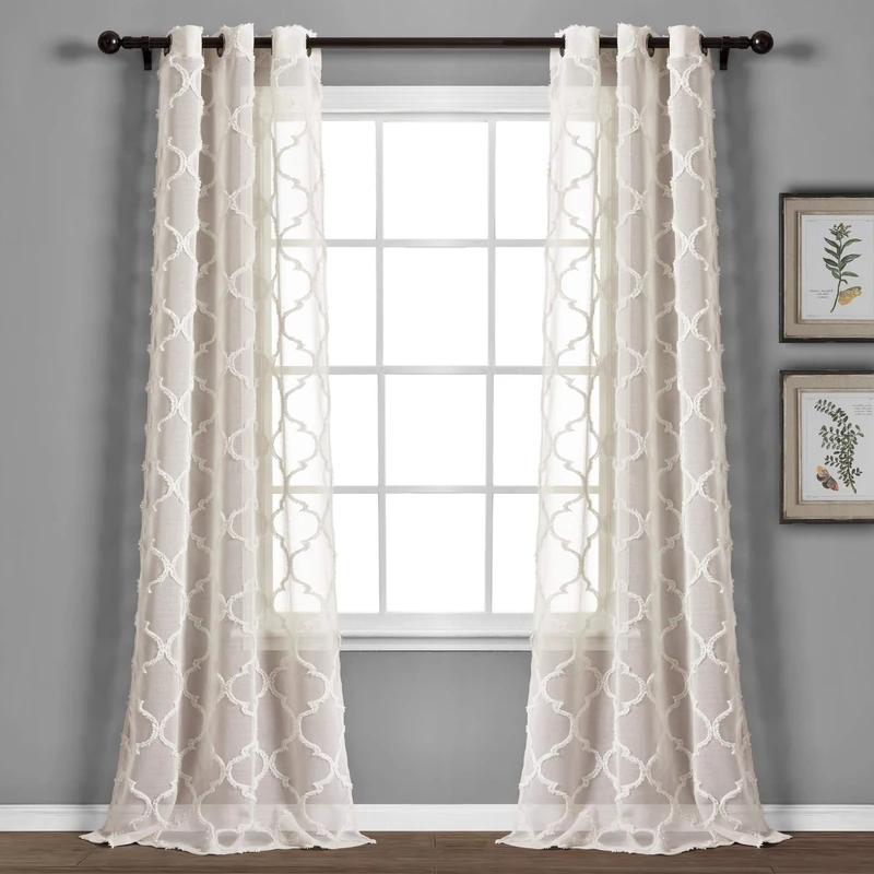 Lush Decor Avon Trellis Grommet Sheer Window Curtain Panel Pair, 95" Long x 38" Wide, Beige