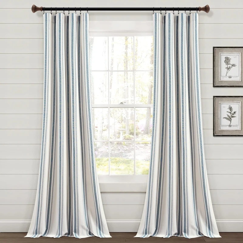 Lush Decor Farmhouse Stripe Yarn Dyed Cotton Window Curtain Panel Pair, 84" Long x 42" Wide, Blue
