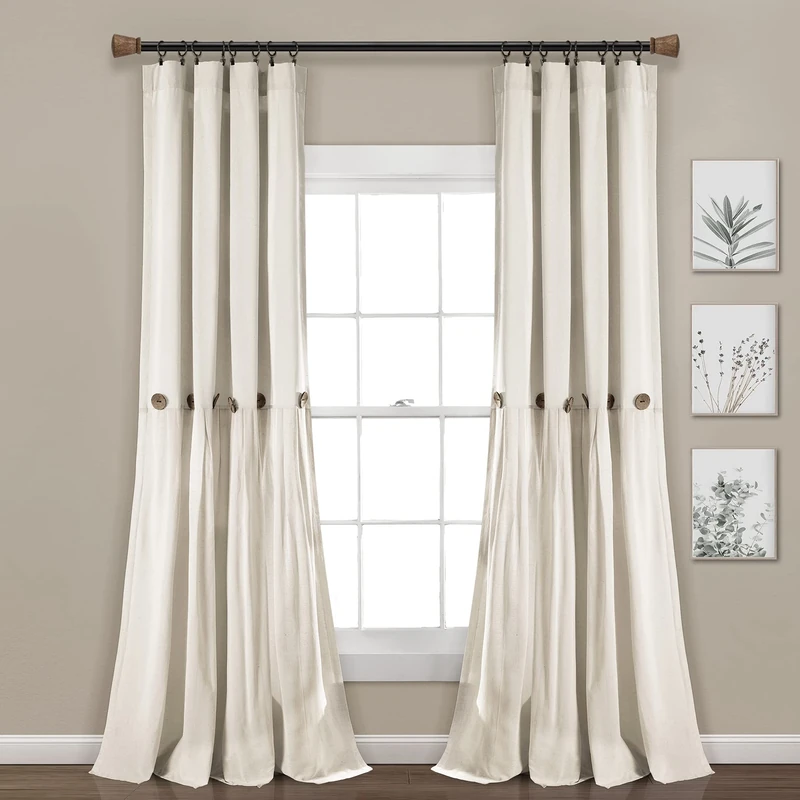 Lush Decor Linen Button Window Curtain Panel, Single, 40" W x 108" L, Off White - Country Curtains - Rustic Decor - Color Block Modern Farmhouse Curtains For Living Room, Bedroom & Dining Room