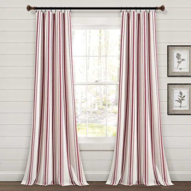 Lush Decor Farmhouse Stripe Yarn Dyed Cotton Window Curtain Panel Pair, 42" W x 84" L, Red - Classic Modern Rustic Charm - Eco Friendly Cotton Fabric