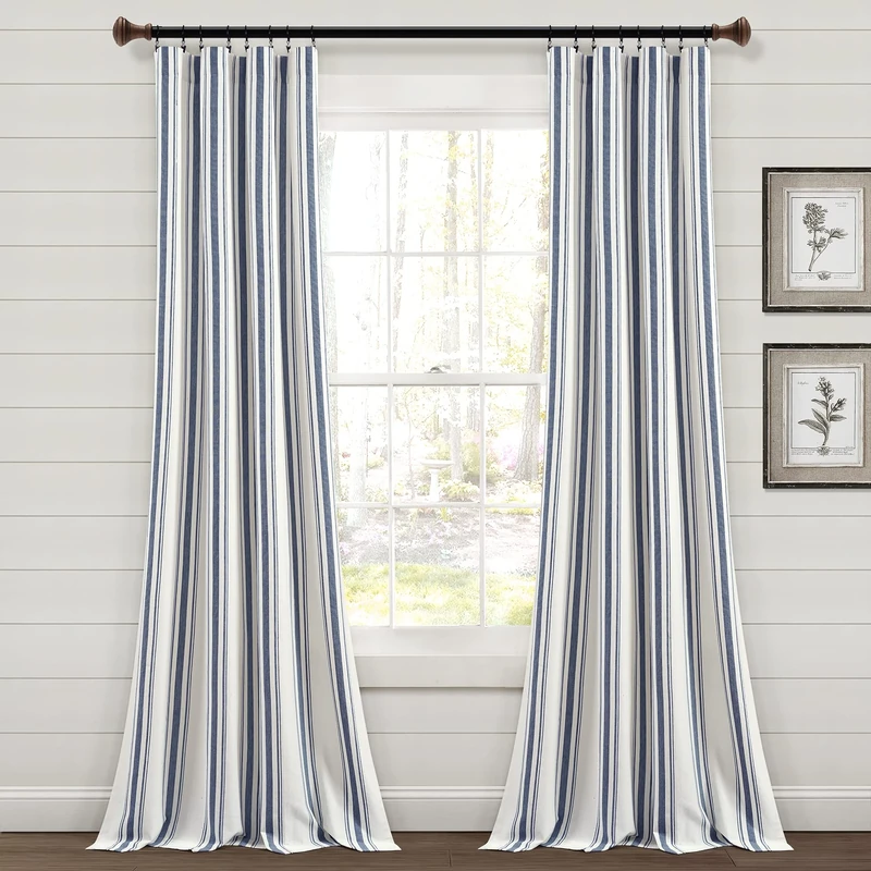 Lush Decor Farmhouse Stripe Yarn Dyed Cotton Window Curtain Panel Pair, 42" W x 84" L, Navy - Classic Modern Rustic Charm - Eco Friendly Cotton Fabric(2 count pack of 1)
