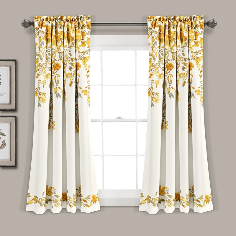 Lush Decor Tanisha Curtains - Light Filtering Window Panel Set, Pair - Floral Vine Print, Beautiful, Modern, Elegant Home Decor - 52" W x 63" L, Yellow & Gray