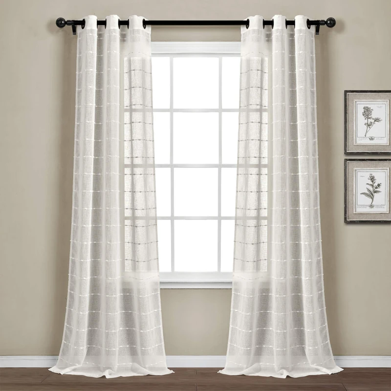 Lush Decor Farmhouse Textured Grommet Sheer Window Curtain Panel Pair, 38" W x 95" L, White