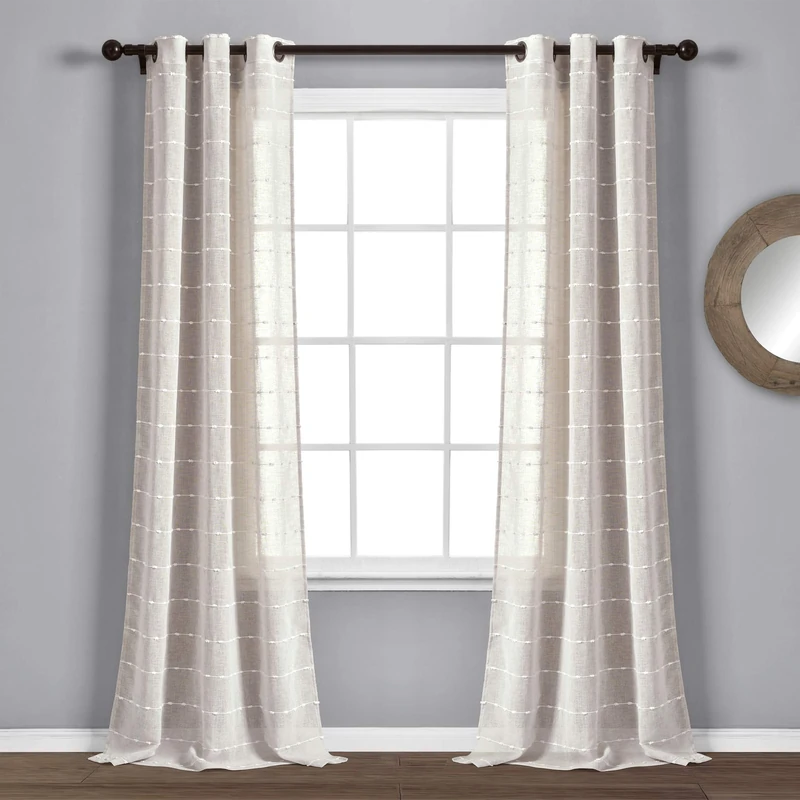 Lush Decor Farmhouse Textured Grommet Sheer Window Curtain Panel Pair, 38" W x 95" L, Beige