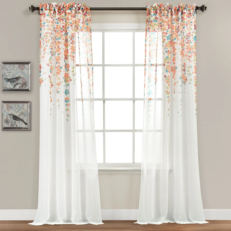 Lush Decor Weeping Flower Sheer Window Curtain Panel Pair, 84" Long x 38" Wide, Turquoise & Tangerine