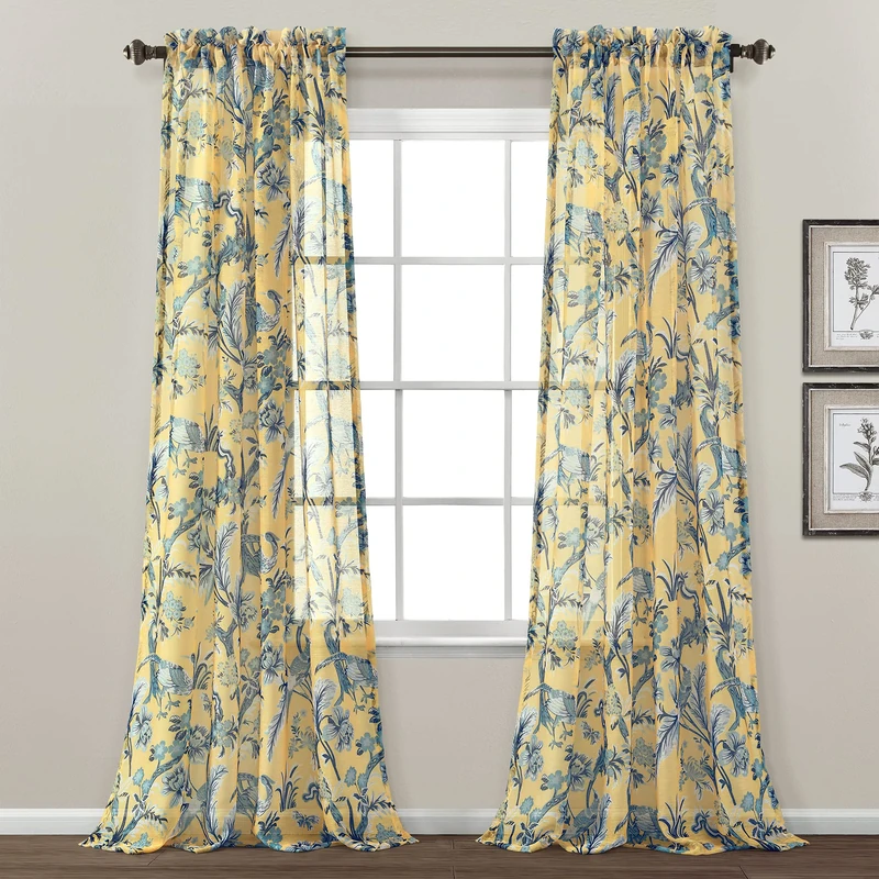 Lush Decor Dolores Sheer Window Panels, Pair, 52" W x 84" L, Yellow - Toile Curtains - Floral Bird Print - Grandmillennial & French Country Curtains - Cottage & Maximalist Home Decor