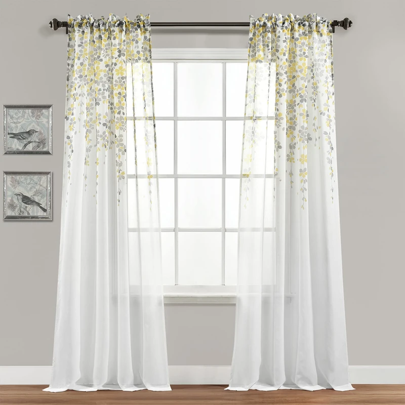 Lush Decor Weeping Flower Sheer Window Curtain Panel Pair, 84" Long x 38" Wide, Yellow & Gray
