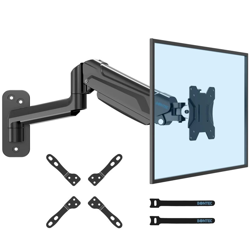 BONTEC Monitor Arm Wall Mount for 13-42 Inch Screens, Gas Spring Arm Holds 3-9KG, Adjustable Tilt Swivel Rotation, Heavy Duty Wall Mounted Arm with VESA Extension Kit 75/100/200
