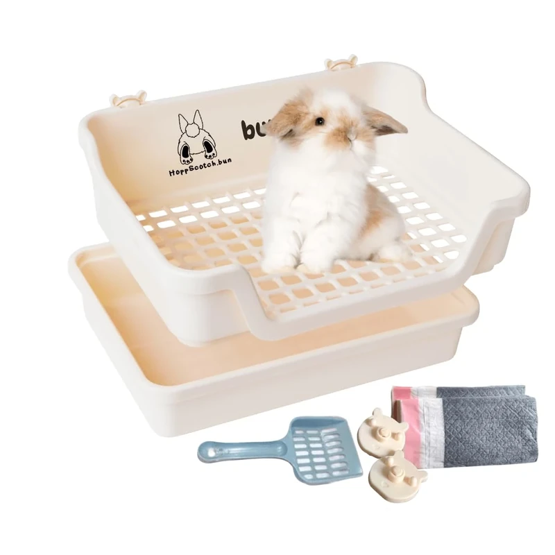 HoppScotch.bun BUMBOX - Large Rabbit Litter Box w/Plastic Grid & Dump Tray - Pet Waste Station w/Bunny Supplies Including Rabbit Cage Accessories - Cage Hooks for Corner Bunny Litter Pan (Cream)