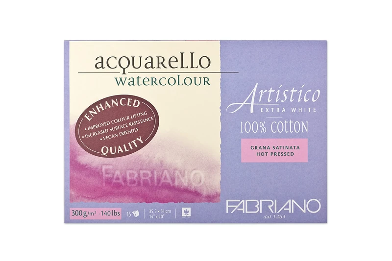 Honsell Fabriano Artistico Acquarello Watercolour 19303551 Extra White Satin Hot Pressed 35.5 x 51 cm 15 Sheets 300 g/m² High-Quality Artist Watercolour Card Block Glued 4 Sided