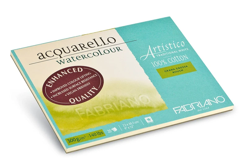 Fabriano Artistico Acquarello Watercolour, Natural White, Coarse Grain, 23 x 30.5 cm, 20 Sheets 300 g/m², High-Quality Artist Watercolour Cardboard, Glued on 4 Sides, Vegan - Image 1