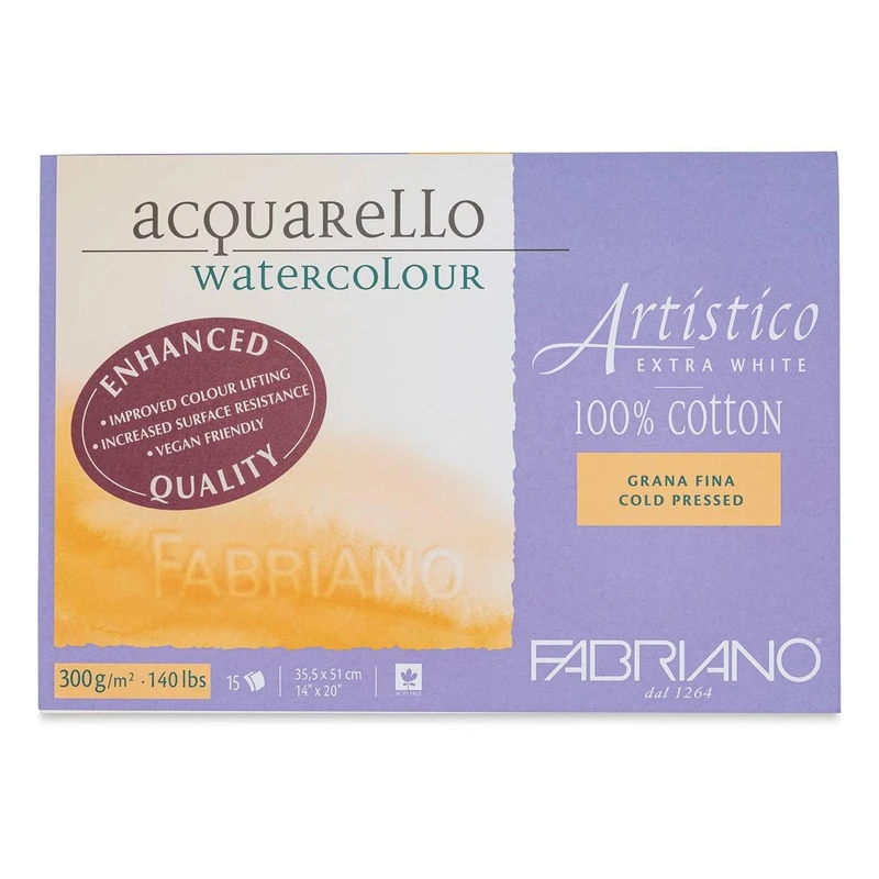 Fabriano Artistico Acquarello Watercolour, Extra White, Fine Grain Cold Pressed, 35.5 x 51 cm, 15 Sheets 300 g/m², High-Quality Artist Watercolour Cardboard, Pad Glued on 4 Sides, Vegan