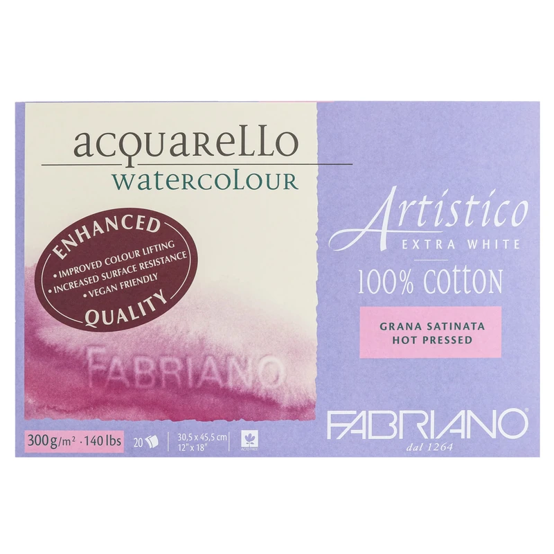 Fabriano Artistico Acquarello Watercolour, Extra White, Satin Hot Pressed, 30.5 x 45.5 cm, 20 Sheets of 300 g/m², High-Quality Artist Watercolour Cardboard, Glued on 4 Sides, Vegan