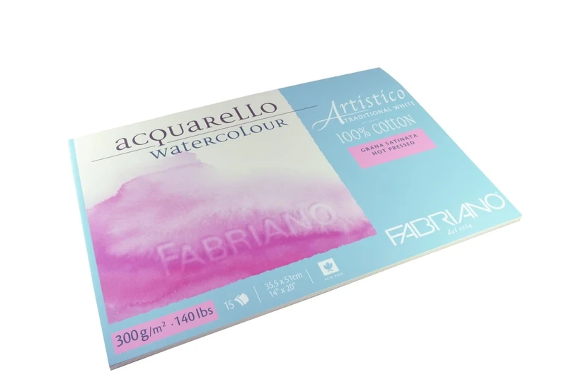 Honsell Fabriano Artistico Acquarello Natural White Satin Hot Pressed 35.5 x 51 cm 15 Sheets 300 g/m² High-Quality Artist Watercolour Card Pad Glued on 4 Sides, 35,5 x 51 cm