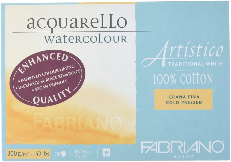 Honsell Fabriano Artistico Acquarello Watercolour 19011826 Watercolour Fine Grain Cold Pressed 18 x 26 cm 20 Sheets 300 g/m² High-Quality Artist Watercolour Card Block Glued on 4 Sides White