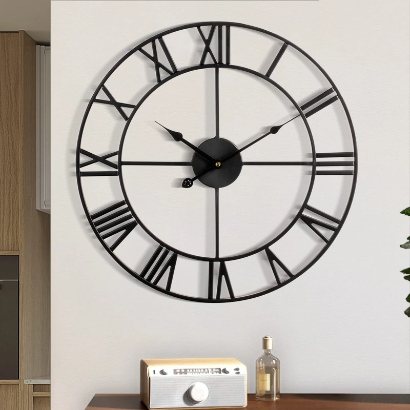 1st owned Large Wall Clock, Metal Retro Roman Numeral Clock, Modern Round Silent Wall Clocks, Easy to Read for Living Room/Home/Kitchen/Bedroom/Office/School Decor (Black, 18 Inch)