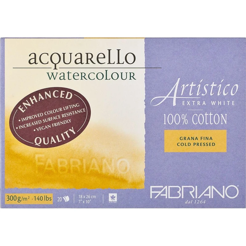 Fabriano Artistico Acquarello Watercolour, Extra White, Fine Grain Cold Pressed, 18 x 26 cm, 20 Sheets 300 g/m² Artist Watercolour Cardboard, Glued on 4 Sides, Vegan
