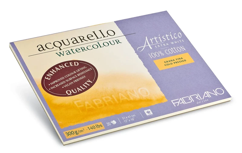 Honsell Fabriano Artistico Acquarello Watercolour, Extra White, Fine Grain Cold Pressed, 30.5 x 45.5 cm, 20 Sheets of 300 g/m², High-Quality Artist's Watercolour Cardboard, Pad Glued on 4 Sides