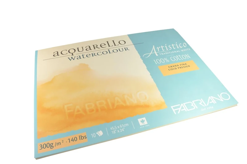 Fabriano Artistico Acquarello Watercolour, Natural White, Fine Grain Cold Pressed, 45.5 x 61 cm, 10 Sheets 300 g/m², High-Quality Artist's Watercolour Cardboard, Pad Glued on 4 Sides, Vegan