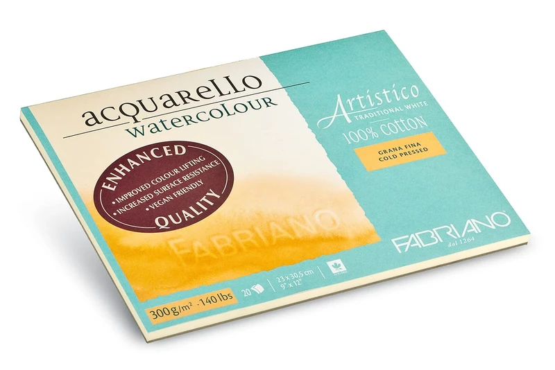 Honsell Fabriano Artistico Acquarello, Natural White, Fine Grain, Cold Pressed, 23 x 30.5 cm, 20 Sheets, 300 g/m², High-Quality Artists' Watercolour Card, Pad Glued on 4 Sides, 23 x 30,5 cm