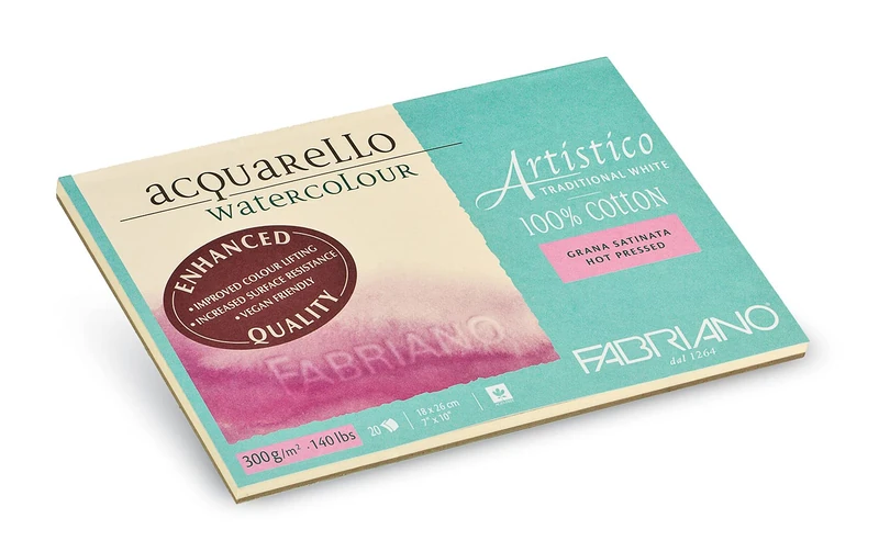 Fabriano Artistico Acquarello Watercolour, Natural White, Satin Hot Pressed, 18 x 26 cm, 20 Sheets 300 g/m², Artist Watercolour Cardboard, Glued on 4 Sides, Vegan