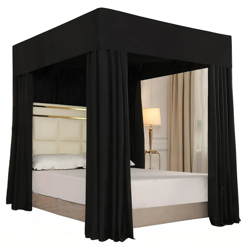 Mengersi Black Four Corner Post Bed Canopy Bed Curtains Sheer Canopy Bedroom Decoration Lightproof,Not Include Poles (King, Black)