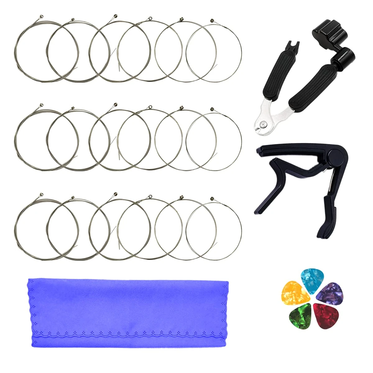 Electric Guitar Strings Stainless Steel Core Nickel-Plated Ball-End Nickel Alloy Wound 3 Full Sets and 3 in 1 Guitar Restringing Tool Guitar Capo Guitar Picks Cleaning Cloth