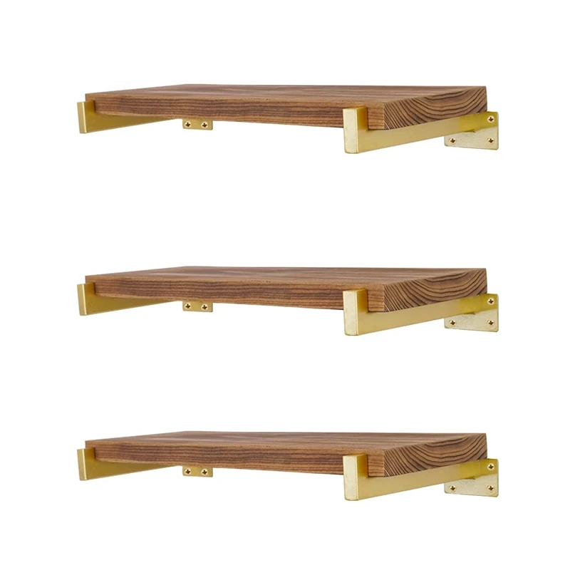 6 Pcs Floating Shelf Brackets 12 Inch Heavy Duty Wall Mounted Industrial Metal Shelving Supports with Lip (300mm/12 Inch Gold)