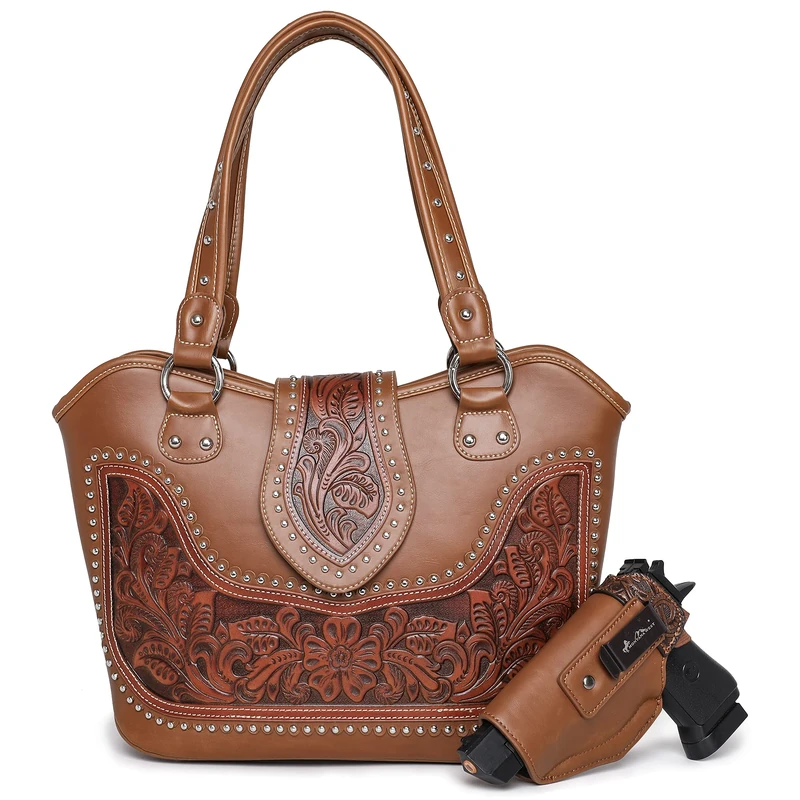 Montana West Tote Bag Western Purses for Women Country Tooled Shoulder Ladies Handbag, Aa-tooling Brown, L - Image 1