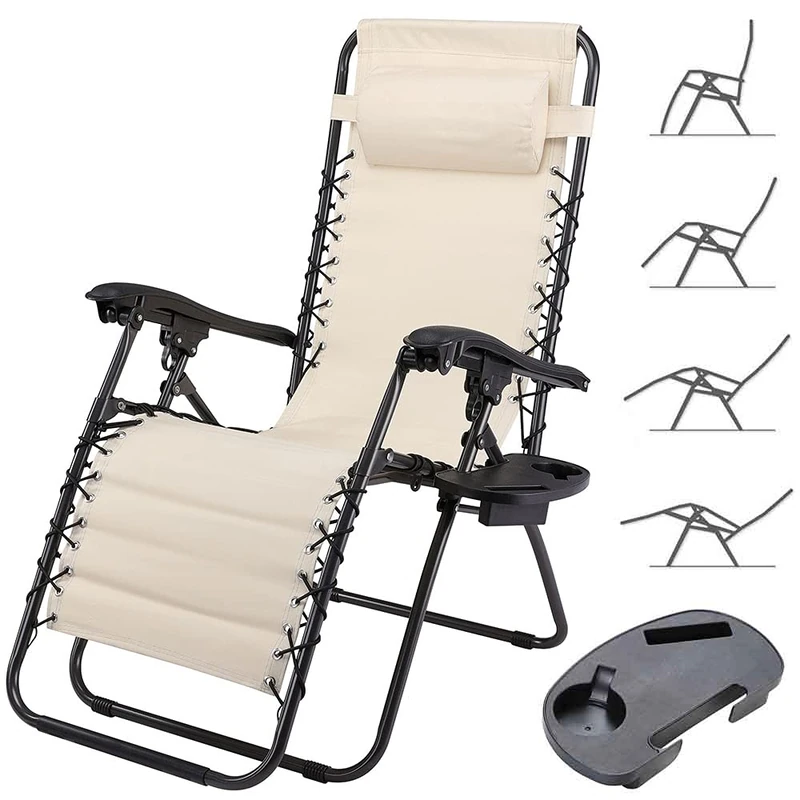 BAKAJI Gravity Zero Chair Garden Chair Relax Folding Armchair Space Saving with 22mm Steel Tubular Tray Reclining Breathable Oxford Fabric Patio Outdoor Pool (Beige)