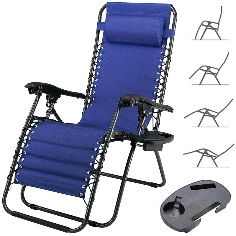 BAKAJI Outdoor Garden Sun Lounger, Folding Beach Lounger, Sun Lounger with Headrest, Adjustable Armrests, Zero Gravity Oxford Camping Chair (Blue with Tray) - Image 1