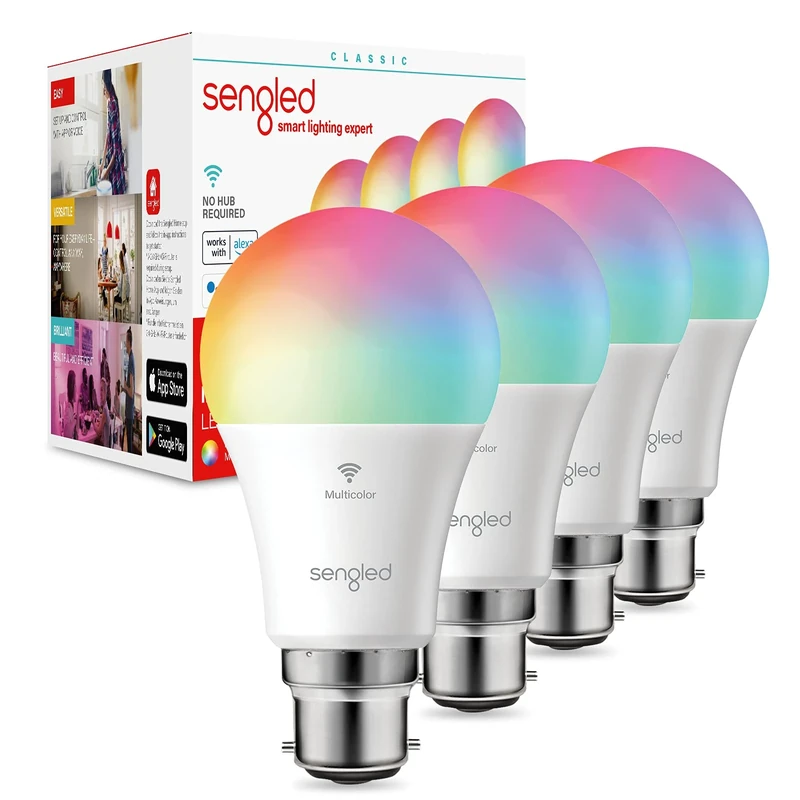Sengled Smart Bulb Wi-Fi Multicolor A60 B22, Alexa Light Bulb Bayonet, WiFi Bulb Works with Google Home Assistant, Dimmable LED Bulb, Remote Control, Smart Light Bulb 7.8W, 806LM, 4 Pack, W21-U33W4P