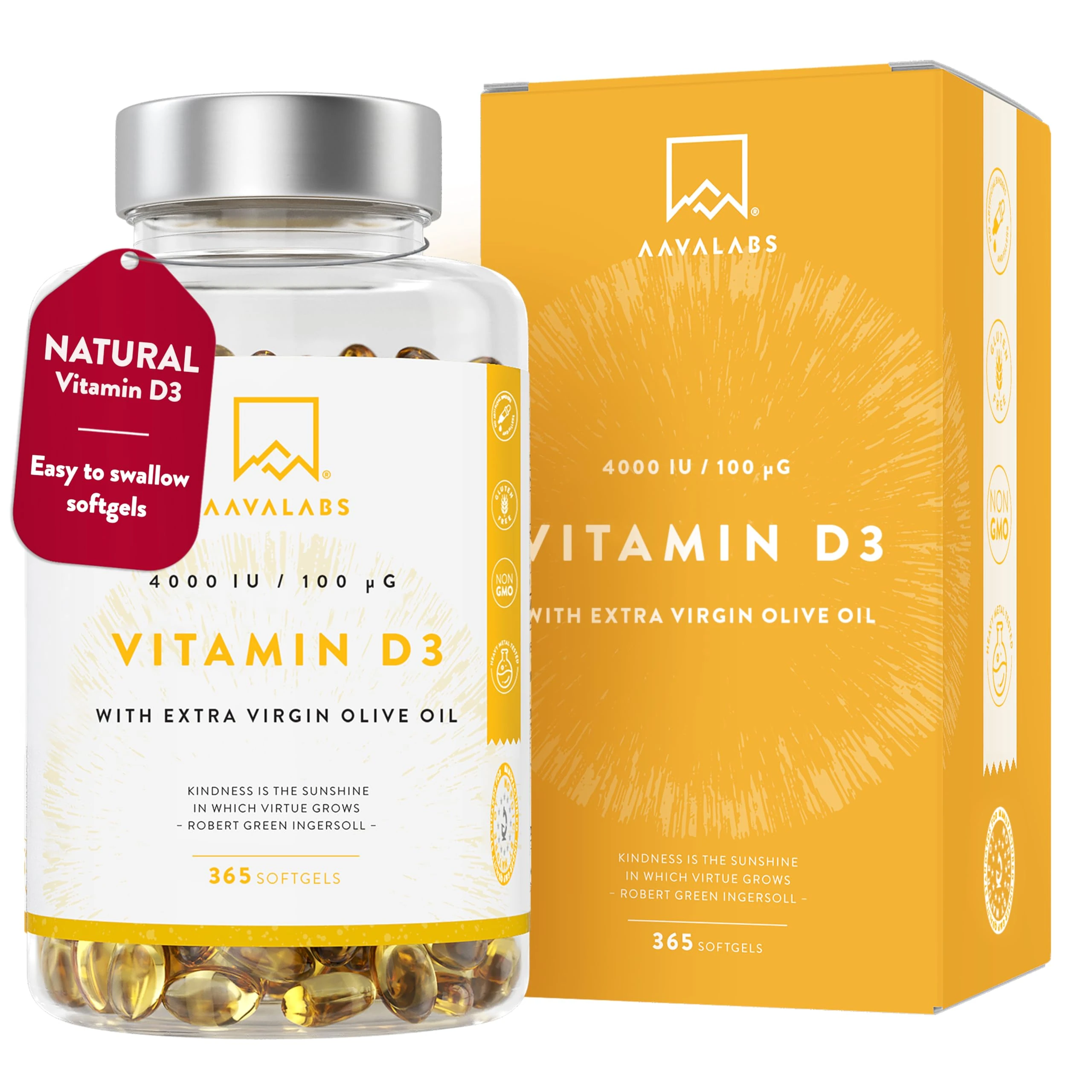 Vitamin D3 4000 IU - with Extra Virgin Olive Oil for Optimum Absorption - High Strength Vitamin D Supplement Contributes to Bone, Muscle and Immune Function - 365 Vitamin D Capsules