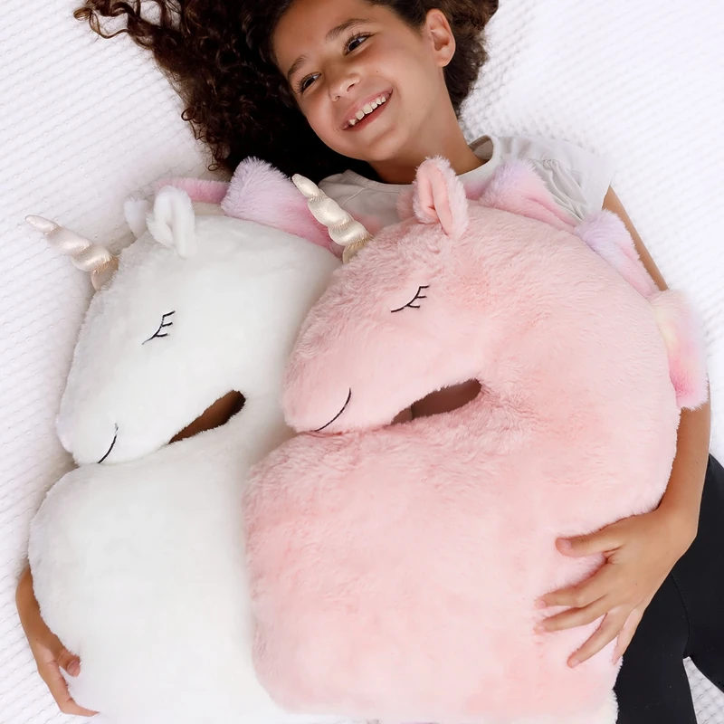 PERFECTTO Set of 2 Decorative Unicorn Pillows for Girls Kids Room. White and Pink Fluffy Pillows. Soft Plush for Baby Girl, Cute Throw Pillows for Kid’s Bedroom Décor. Fun Pillows for Teepee Play Tent