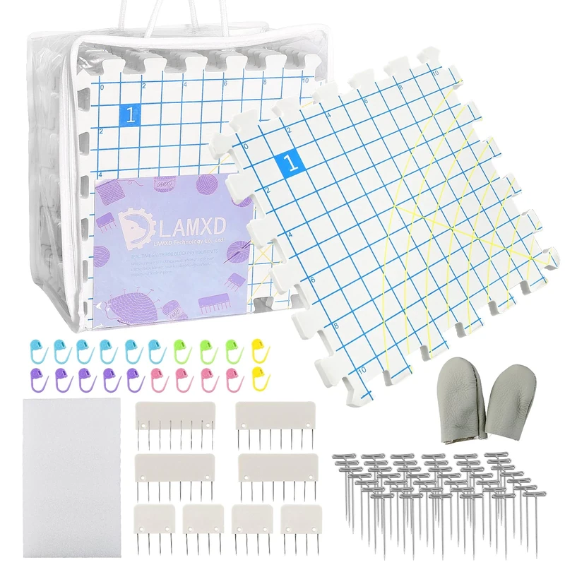 LAMXD Blocking Mats for Knitting - Extra Thick Blocking Boards with Grids with 8PCS Knitting Blocking Pins,100 T-pins and 50 Stitch Marker for Needlework or Crochet - Pack of 9 - Image 1