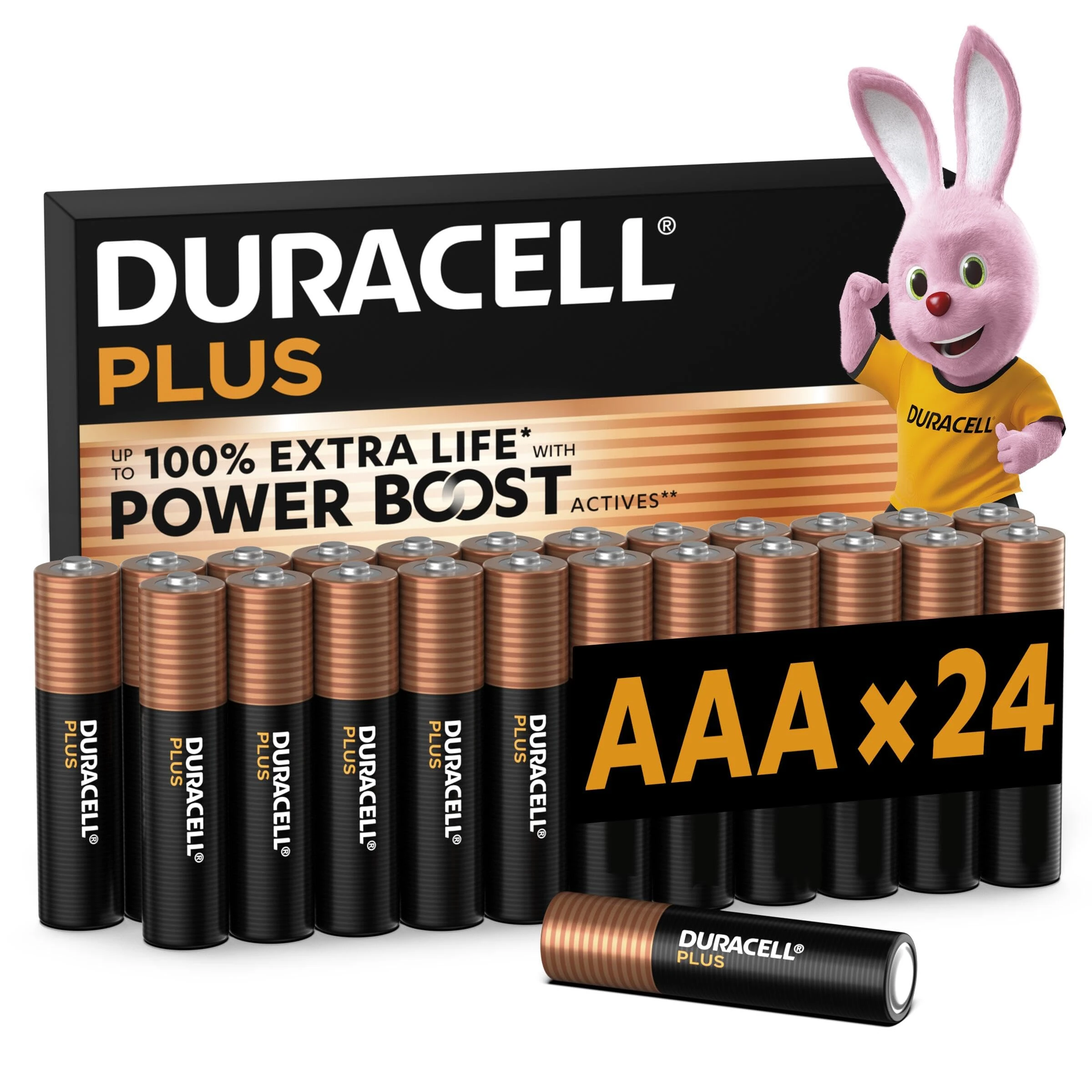 DURACELL Plus AAA Batteries (24 Pack) – Alkaline Batteries 1.5V – Up to 100% Extra Life with POWER BOOST Actives– Reliability For Everyday Devices – 0% Plastic Packaging – 10-Year Storage-MN2400
