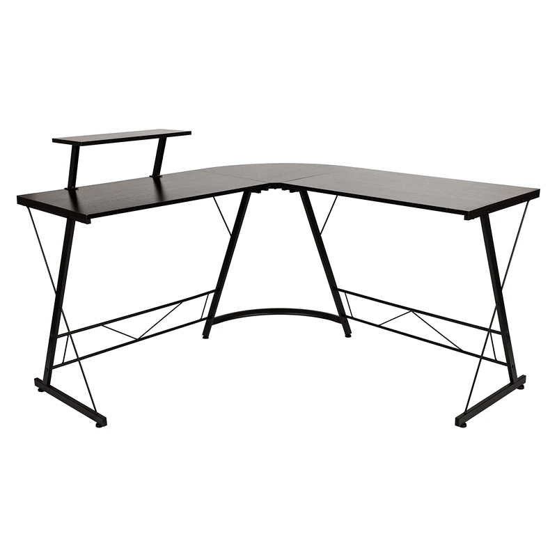 Flash Furniture Ginny Corner Desk - Black/Black Space Saving L-Shaped Gaming Desk with Monitor Shelf - 71.5" 2-Tier Computer Desk, Home Office Desk, Easy Assembly