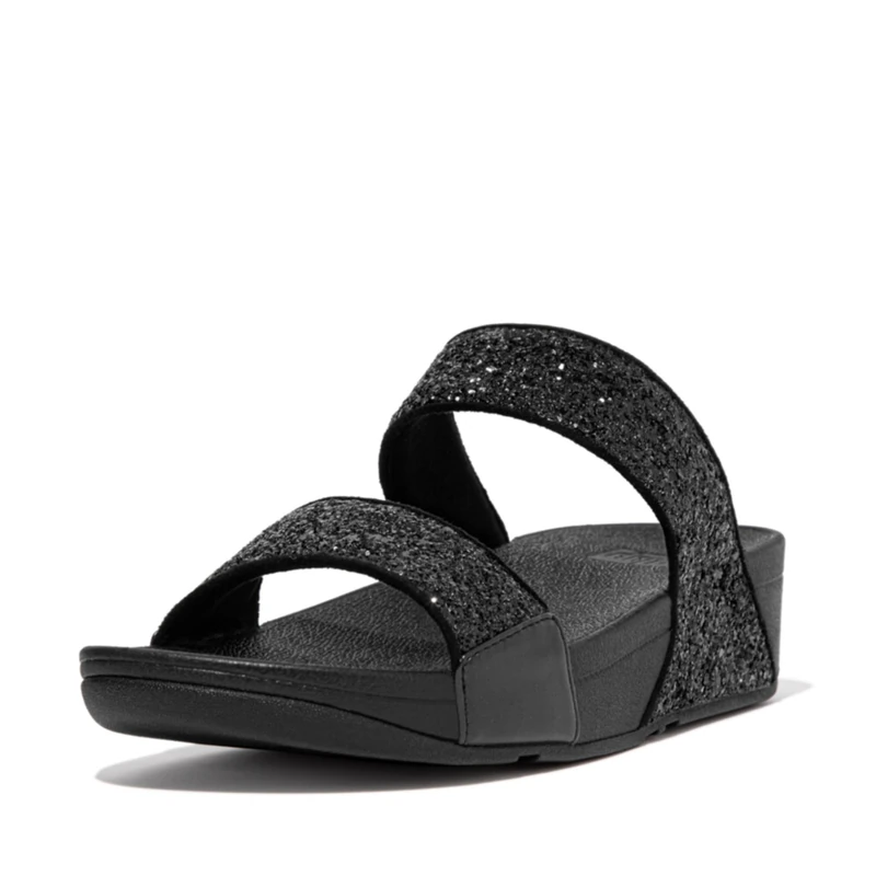 Fitflop Women's Lulu Glitter Slides, Summer Sandal - Lightweight & Comfortable with Natural Arch Support - Black Glitter - 8 UK